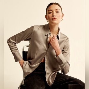 ABERCROMBIE Satin Shirt Oversized Long-Sleeve Button Up Blouse Top Tan Cream